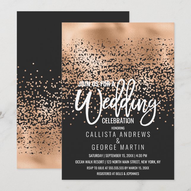 Modernes Schwarzes Gold Foil Confetti Ombre Weddin Einladung (Vorne/Hinten)
