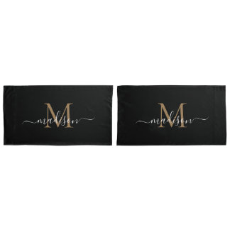 Modernes Schwarzes Gold Klassisches Monogramm Femi Kissenbezug