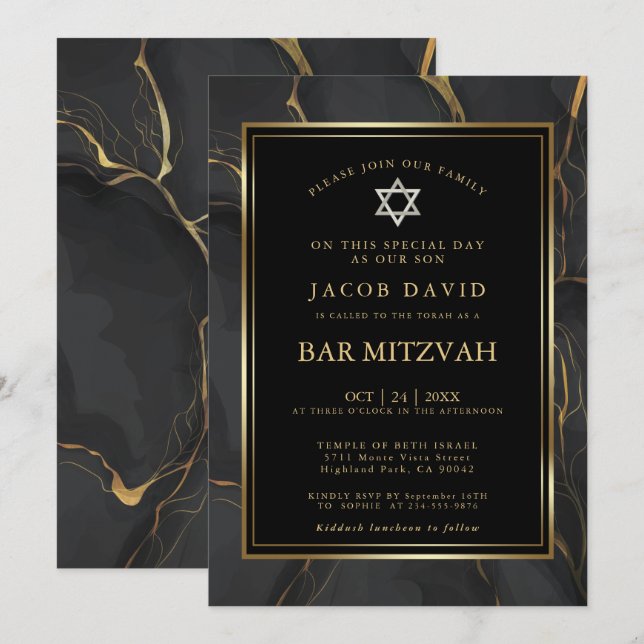 Modernes Schwarzes Gold Marmor Bar Mitzvah Einladung (Vorne/Hinten)