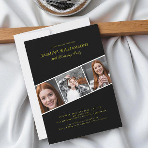 Modernes Schwarzes Gold mit drei Foto Collage Gebu Einladung