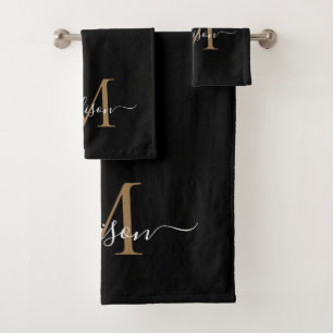 Modernes Schwarzes Gold Monogram Eleganter Skriptn Badhandtuch Set