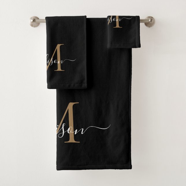 Modernes Schwarzes Gold Monogram Eleganter Skriptn Badhandtuch Set (Insitu)