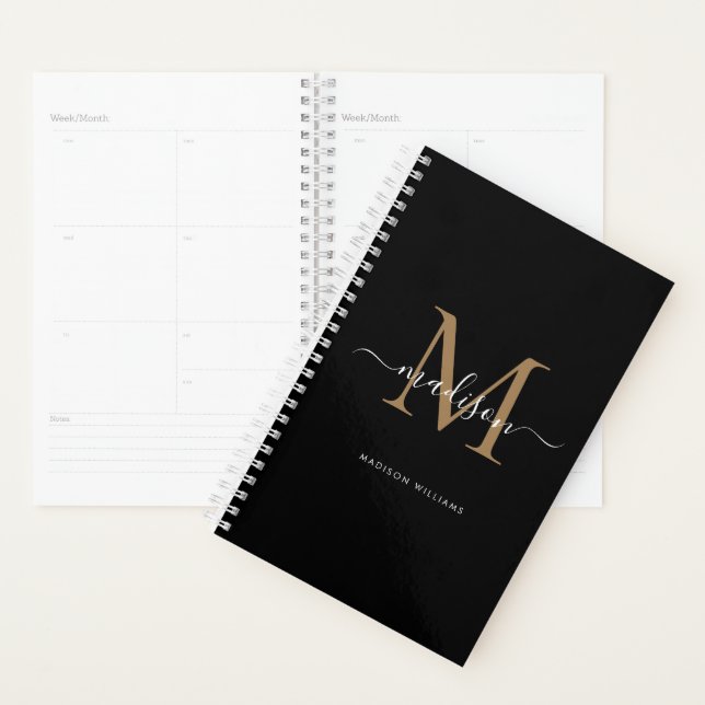 Modernes Schwarzes Gold Monogram Eleganter Skriptn Planer (Anzeige)