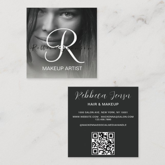 Modernes Schwarzes Haar Make-up Foto erster QR-Cod Quadratische Visitenkarte (Vorne/Hinten)