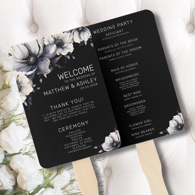 Modernes Schwarzes Hochzeitsprogramm für Blumenblu Fächer (Ceremony Program Modern Floral Black White Wedding Hand Fan)