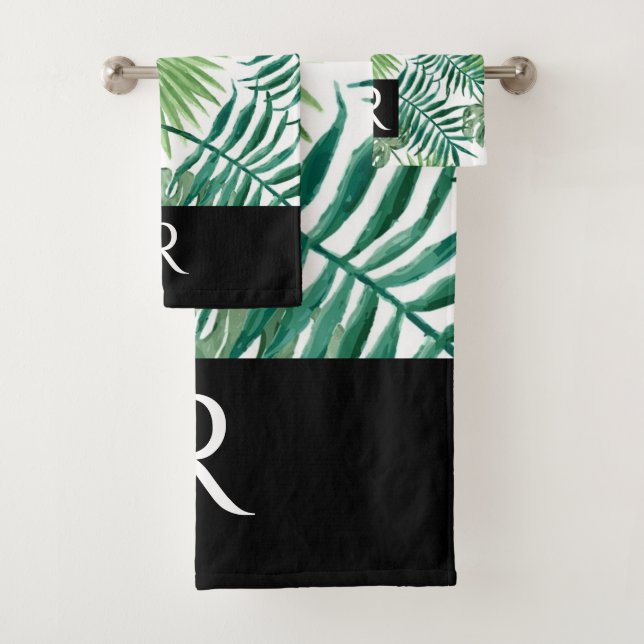 Modernes Schwarzes Leaf Muster Monogram Badezimmer Badhandtuch Set (Insitu)