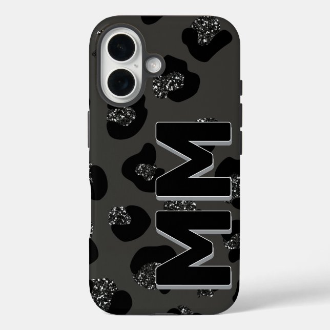 Modernes Schwarzes Leopard Print Dark Shadow Monog iPhone 16 Hülle (Rückseite)