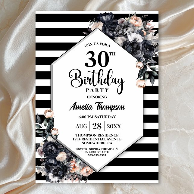 Modernes Schwarzes Party Streifen 30. Geburtstag Einladung (Von Creator hochgeladen)