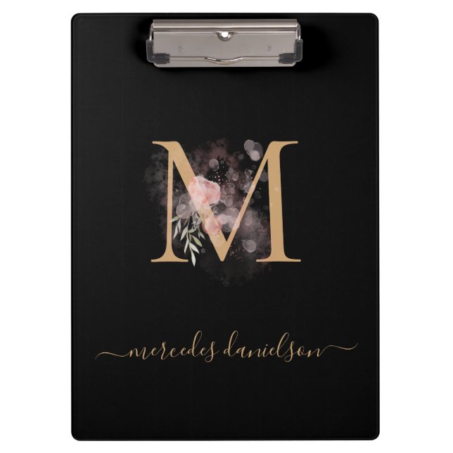 Modernes Schwarzes Rosa Rosa Mit Monogramm Klemmbrett (Vorderseite)