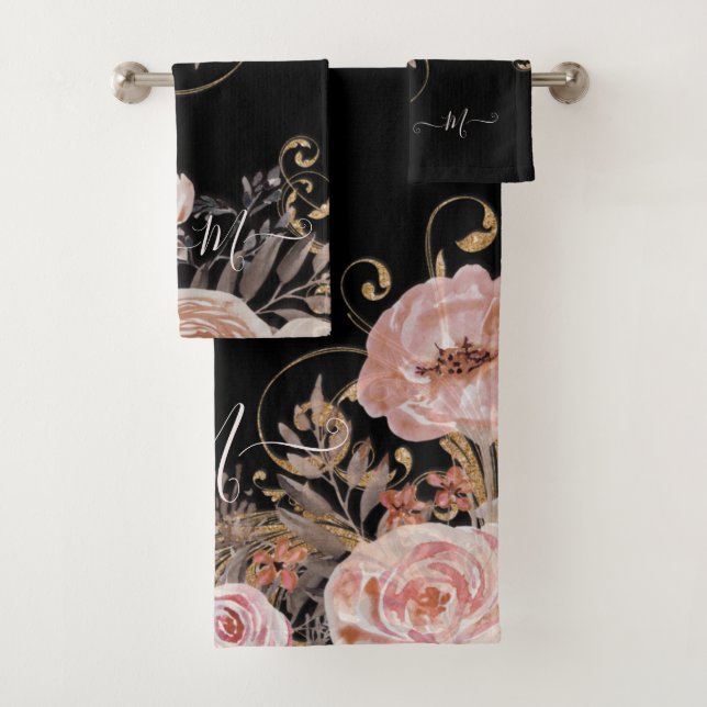 Modernes Schwarzes Rosa Wasserfarben Badhandtuch Set (Insitu)