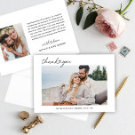 Modernes Schwarzes Script Personalisiert Hochzeits Dankeskarte<br><div class="desc">Flat horizontale Hochzeit danke Ihnen Fotokarten verfügen über moderne und minimale schwarze Skript "Danke" Text mit niedlichem Herzinfarkt. Personalisieren Sie die Vorderseite mit einem beliebten Foto der Braut und Bräutigam, sowie ein einfaches serifenloses Monogramm der Pärchennamen. Auf der Rückseite befindet sich ein zweites Foto und eine persönliche Danksagung. Beachten Sie,...</div>