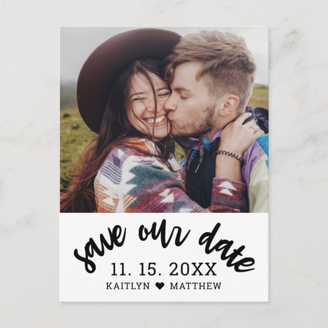 Modernes Schwarzes Skript-Foto Hochzeit speichern  Ankündigungspostkarte (Vorderseite)