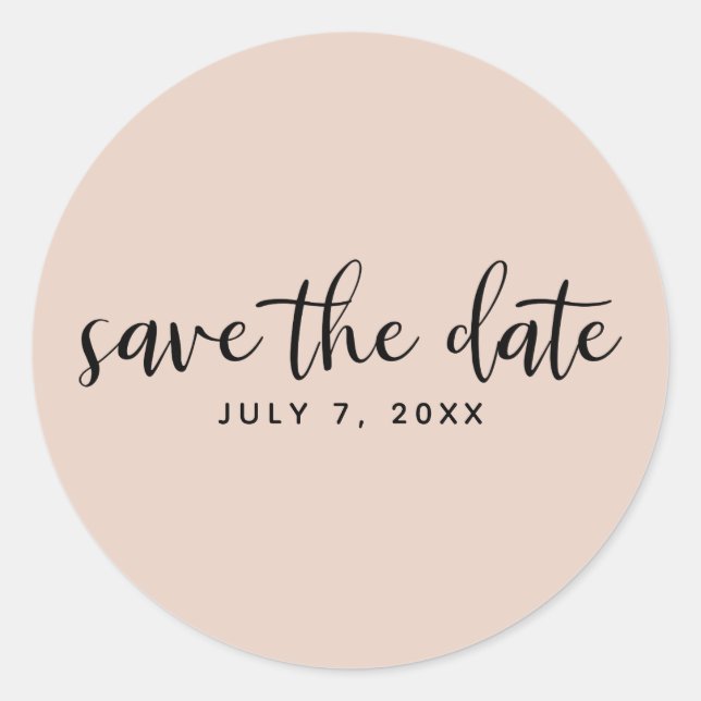 Modernes Schwarzes Skript Save the Date Beige Blus Runder Aufkleber (Vorderseite)