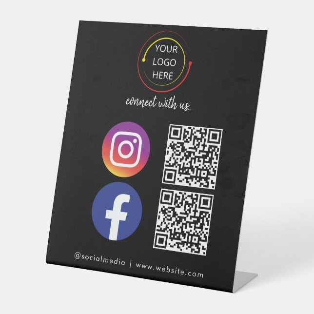 Modernes schwarzes Social Media QR Code Pedestzeic Sockelschild (Vorderseite)
