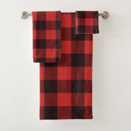 Modernes schwarzes und rotes Bauernhaus Flanell Badhandtuch Set