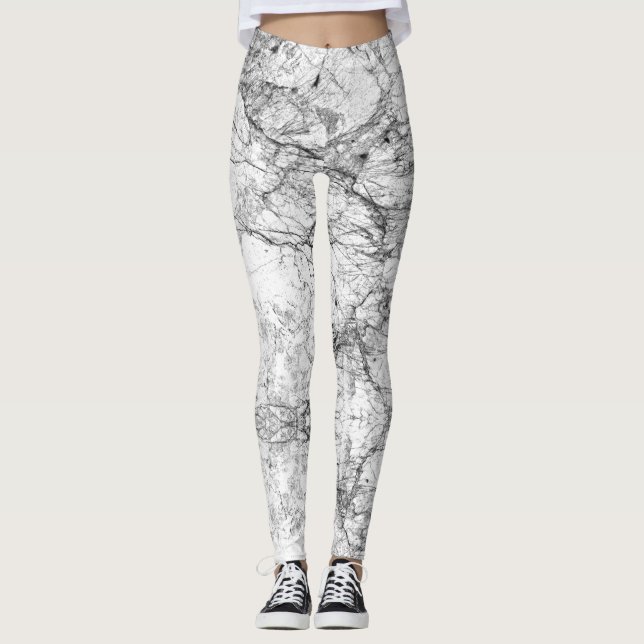 Modernes Schwarzweiss-Imitat-Marmormuster Leggings (Vorderseite)