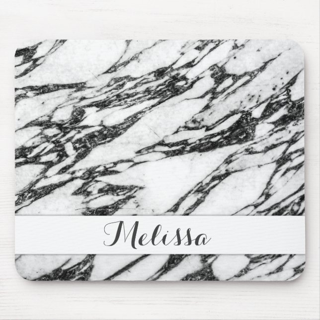 Modernes Schwarzweiss-Marmorsteinmonogramm Mousepad (Vorne)