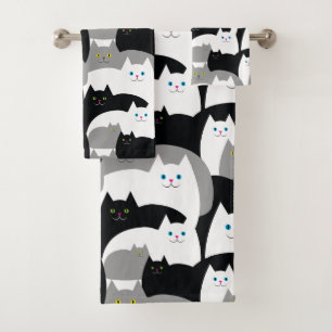 Modernes Schwarzweiss-Miezekatze-Katzen-Muster Badhandtuch Set