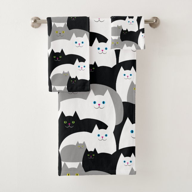 Modernes Schwarzweiss-Miezekatze-Katzen-Muster Badhandtuch Set (Insitu)