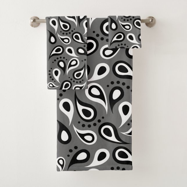 Modernes Schwarzweiss-Paisley auf Grau Badhandtuch Set (Insitu)