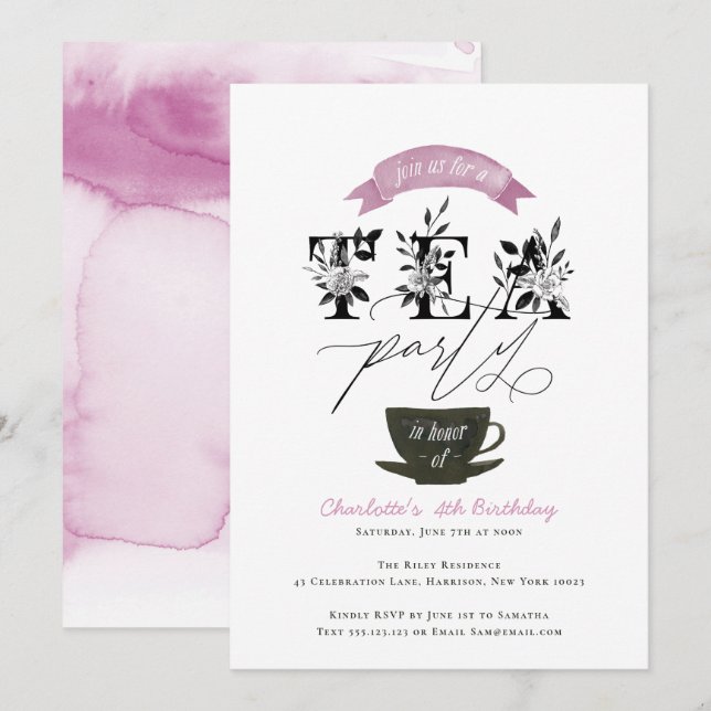 Modernes Schwarzweiss-Watercolor-Tee-Party-Rosa Einladung (Vorne/Hinten)