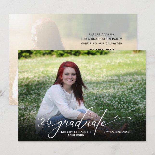 Modernes Script 2 Foto Horizontaler Abschluss Einladung (Vorne/Hinten)