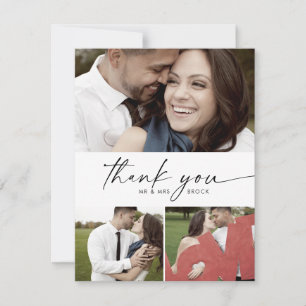Modernes Script 3 Foto Collage Wedding  Dankeskarte