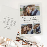 Modernes Script 3 Foto Hochzeit Dankeskarte<br><div class="desc">Script 3 Foto Hochzeit elegant stilvolle moderne danke Karte. Teil einer Hochzeitskollektion. Der Rücken beinhaltet eine Danksagung,  dass Sie für jeden Gast personalisieren oder entfernen können,  wenn Sie lieber schreiben Sie Ihren Dank. Klicken Sie auf die Schaltfläche Bearbeiten,  um die Änderungen anzupassen.</div>