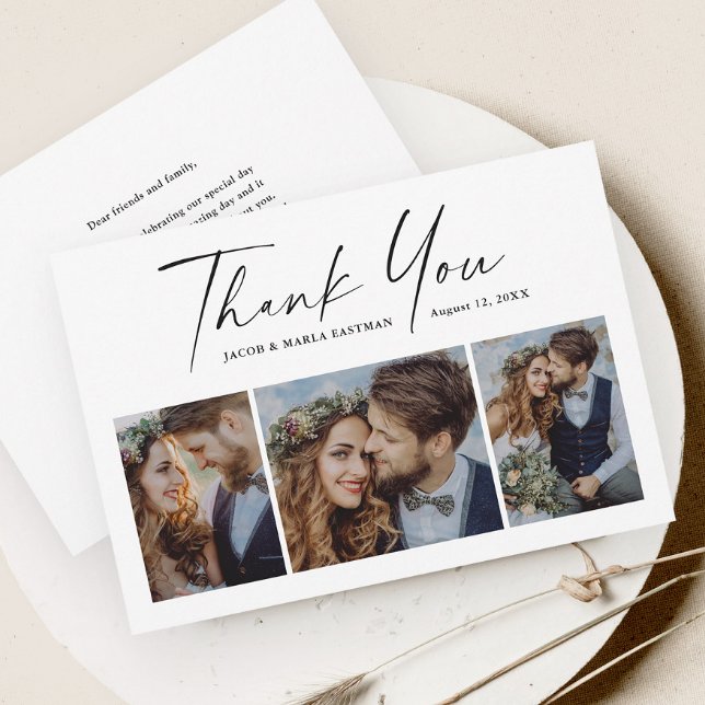 Modernes Script 3 Foto Hochzeit Dankeskarte (Modern script black and white 3 photo collage wedding thank you card.)