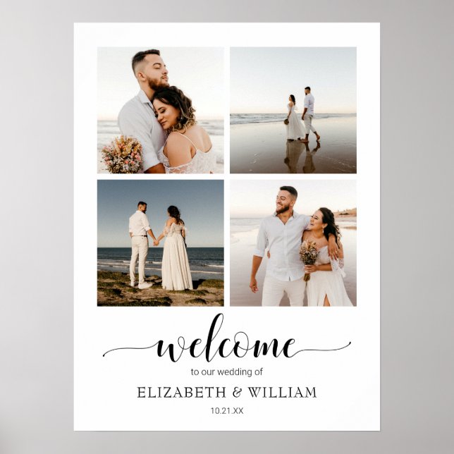 Modernes Script 4 Foto Collage Wedding Willkommens Poster (Vorne)