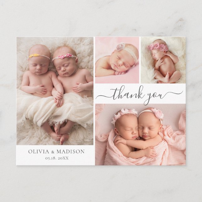 Modernes Script 4 Foto Girl Twins Baby Vielen Dank Postkarte (Vorderseite)