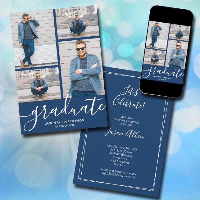 Modernes Script 4 Foto Navy Blue Abschluss Ankündigung (Modern script 4 photo navy blue graduation announcements - PRINTED and/or INSTANT DOWNLOAD)