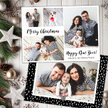 Modernes Script 5 Foto Collage Weihnachtskarten Feiertagskarte<br><div class="desc">Minimalistische Elegante Kalligrafie Schwarzes Skript 5 Foto Collage "Frohe Weihnachten" Script Holiday Card in Schwarz-Weiß. Diese festliche, einfache, skurrile 5 (5) Foto-Urlaubskartenvorlage enthält eine hübsche Rastergrafik und sagt "Frohe Weihnachten" und "Happy Holidays", in denen die Begrüßungstexte in einem handgeschriebenen, fett geschriebenen Schriftart geschrieben werden. Auf der Rückseite eine horizontale Bildvorlage...</div>