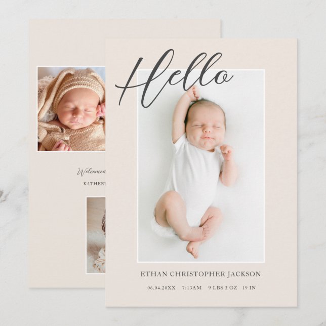 Modernes Script Baby Foto Birth Ankündigung (Vorne/Hinten)