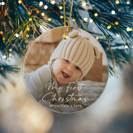 Modernes Script Baby's First Christmas Foto Keramik Ornament