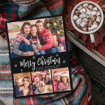 Modernes Script Black 4 Foto Collage Weihnachten Postkarte<br><div class="desc">Budget, Elegant, modern, Snowflake 4 Foto Collage Frohe Weihnachts-Script Black Holiday Postcard. Dieses festliche, mimimalistische, whimsical vier (4) Foto Urlaubskarte Vorlage verfügt über eine hübsche Foto Collage, einige Schneeflocke und sagt Frohe Weihnachten! Der Grußtext "Frohe Weihnachten" ist in einem schönen, weißen Schriftart geschrieben, der Schrift Typografie auf schwarzem Hintergrund. Hübsche...</div>