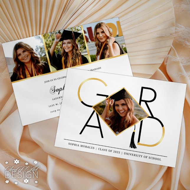 Modernes Script Black Gold Tassel Grad Foto Collag Einladung (Von Creator hochgeladen)