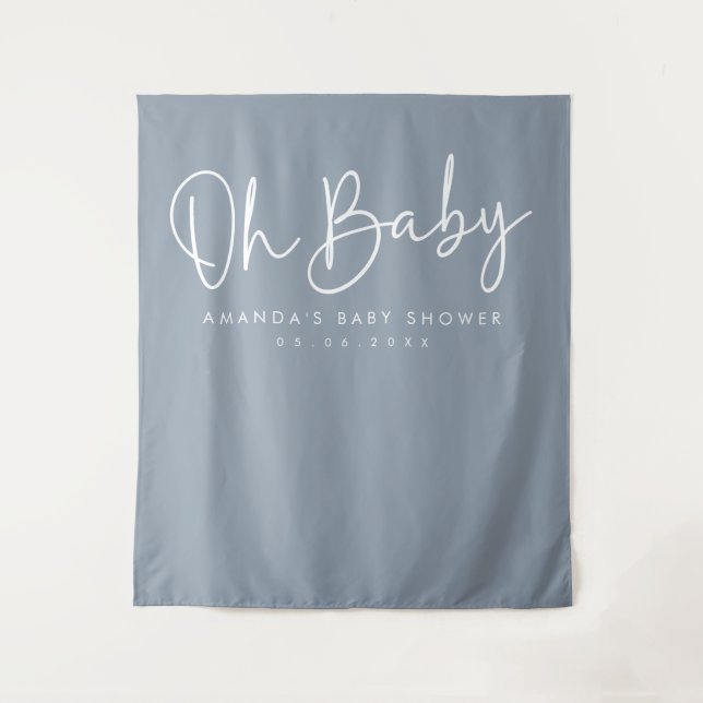 Modernes Script Blue Oh Baby Dusche Hintergrund Wandteppich (Vorderseite)