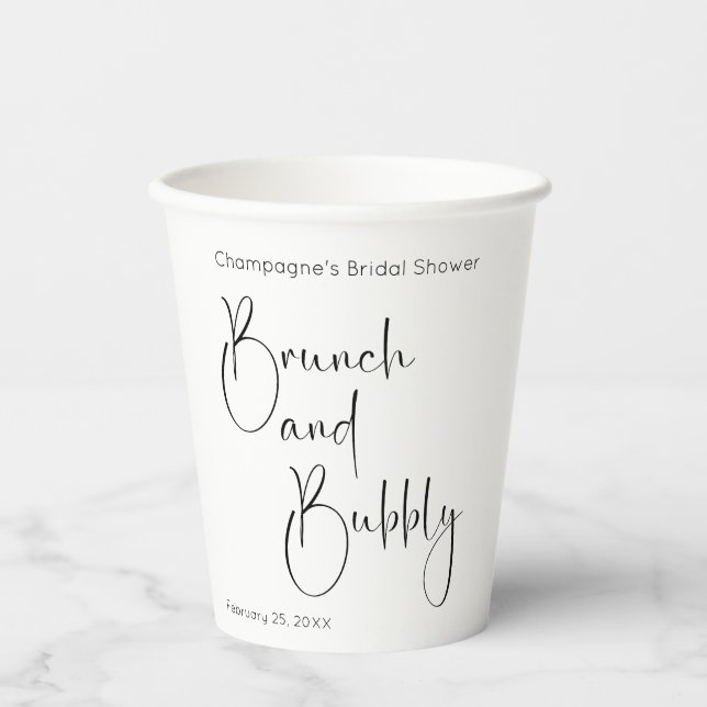 Modernes Script Brautparty Brunch und Bubbly Pappbecher (Vorderseite)