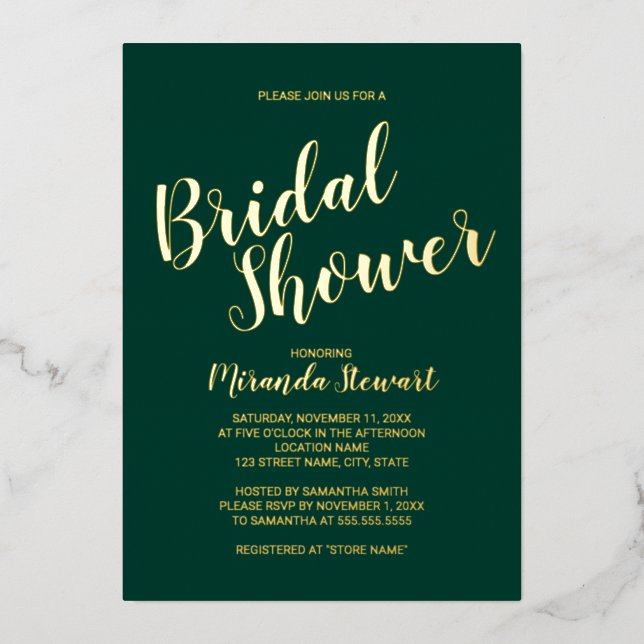 Modernes Script-Brautparty Emerald und Gold Folieneinladung (Vorderseite)
