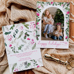 Modernes Script Bright Pink Greenerity Arch 1 Foto Feiertagskarte<br><div class="desc">Diese Kollektion besticht durch leuchtend rosa Aquarellen,  Beeren und Wintergrün mit moderner und eleganter Typografie,  die im Winter mit botanischen Mustern geschmückt ist.</div>