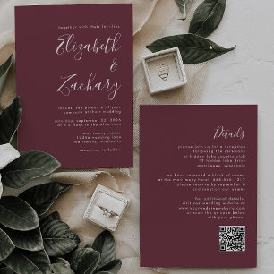 Modernes Script Burgundy QR Code Hochzeit Einladung