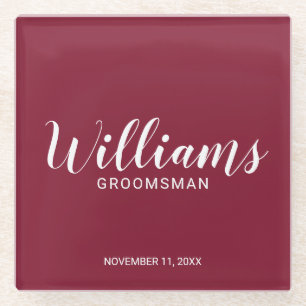 Modernes Script Burgundy Red Personalisiert Trauze Glasuntersetzer