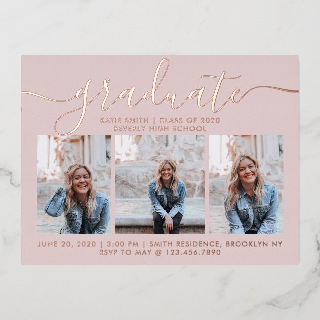 Modernes Script Calligraphy Abschluss 3 Foto Folie Einladungspostkarte (Vorderseite)