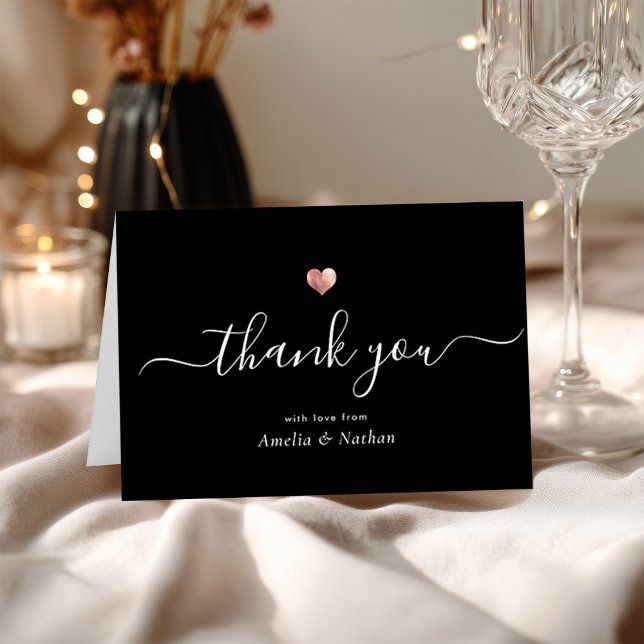 Modernes Script Calligraphy Black Rose Gold Heart Dankeskarte (Von Creator hochgeladen)