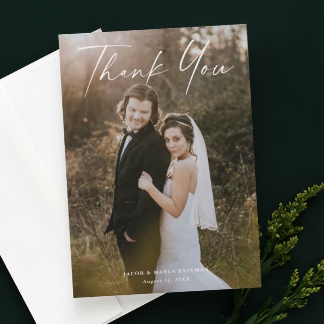 Modernes Script Calligraphy Foto Wedding Vielen Da Einladung (Modern script wedding photo thank you card.)