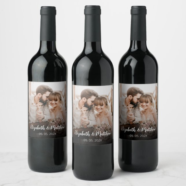 Modernes Script Couple Foto Hochzeit Flasche Gefal Weinetikett (Flaschen)
