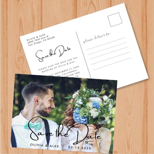 Modernes Script-Foto für Hochzeiten speichern das  Postkarte (Von Creator hochgeladen)