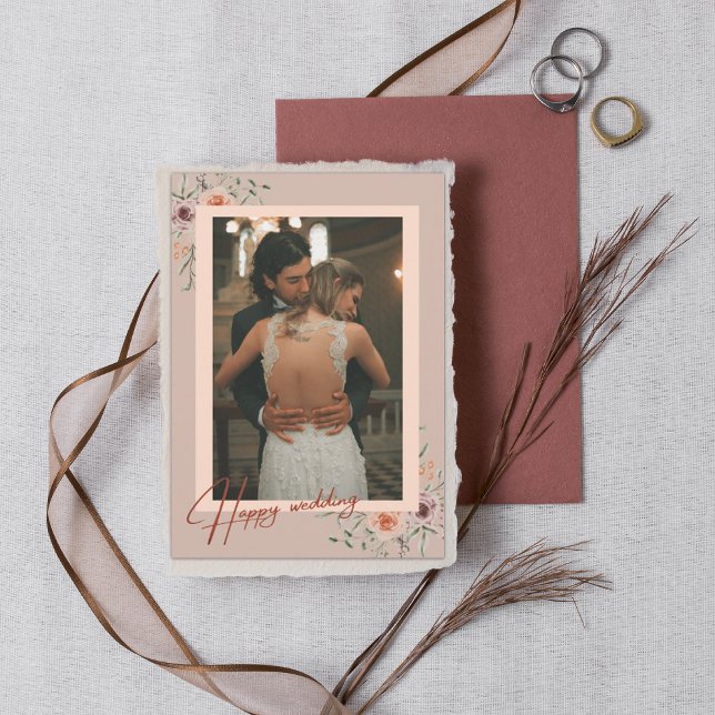 Modernes Script Foto Hochzeit floral Danke Karte (Von Creator hochgeladen)