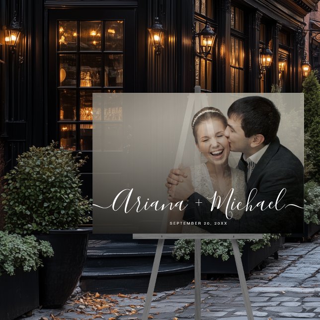 Modernes Script-Foto-Hochzeit halbtransparent Acrylschild (Unique wedding acrylic semi transparent photo sign with modern script elegant names)